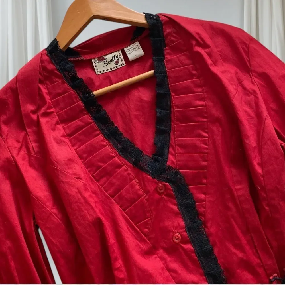 SCULLY Shirt Corset NWT Blouse Marion Ruffle Button Up Stretch Red Black Size M - Picture 7 of 14